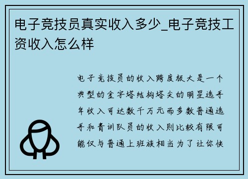 电子竞技员真实收入多少_电子竞技工资收入怎么样